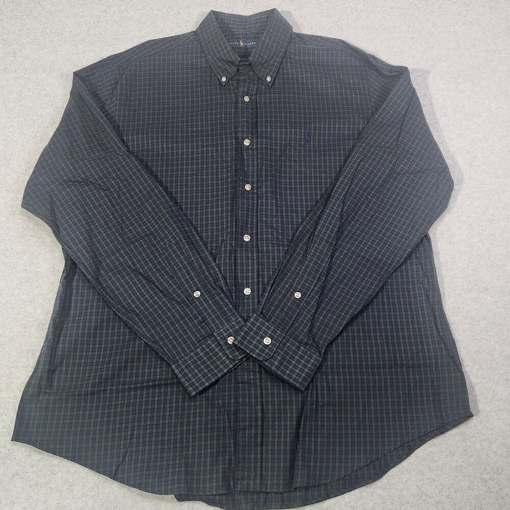 Polo Ralph Lauren Men’s XL Shirt Button Down Green Navy Blue Plaid 100% Cotton